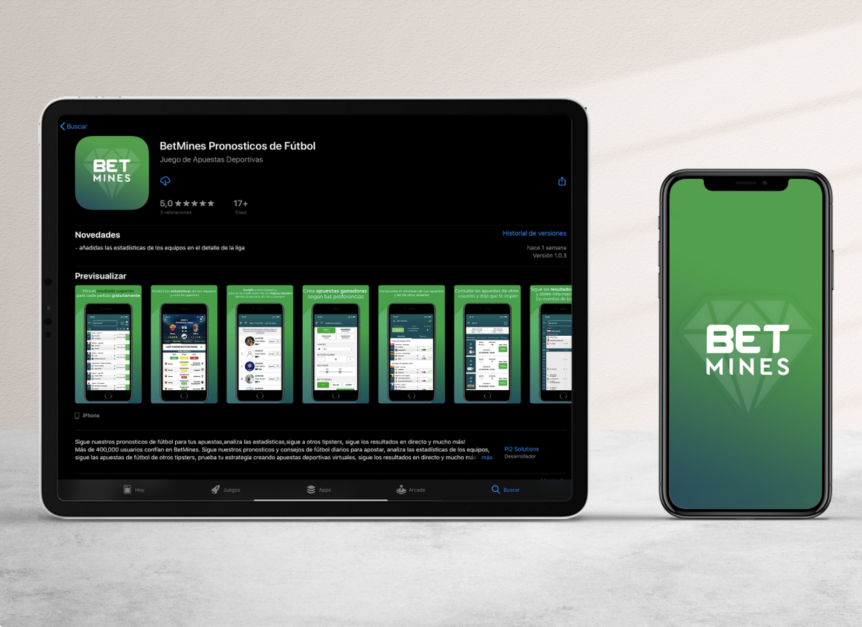 An iPad and an iPhone displaying a betting app called BetMines Pronosticos de Fútbol, with the app icon and interface visible.