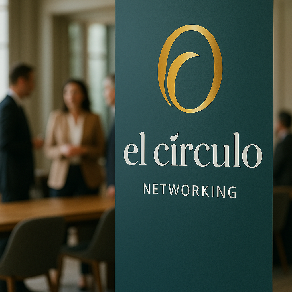 Networking event with a sign reading 'el círculo NETWORKING' in the foreground, and people conversing in the background.