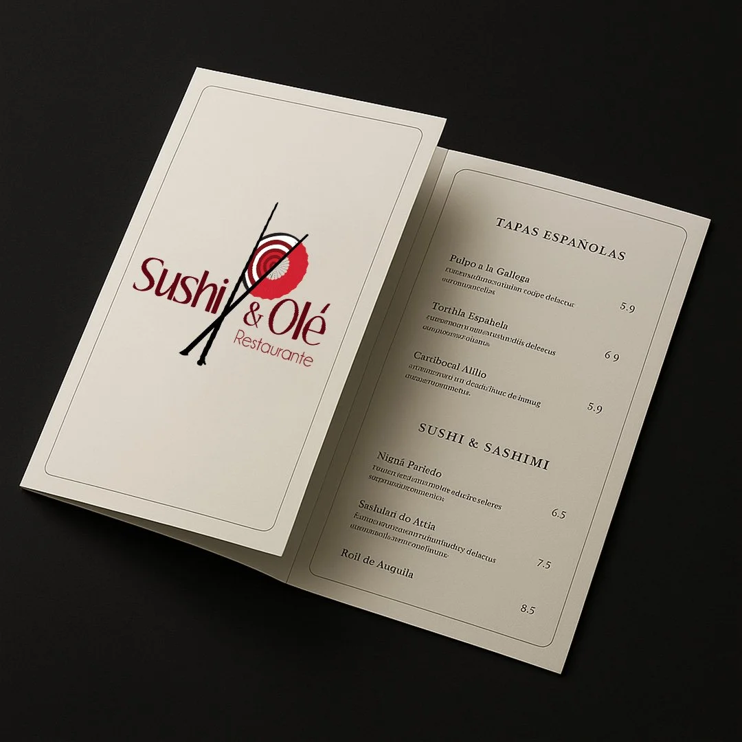 Restaurant menu featuring Spanish tapas and sushi, with a closed menu displaying the restaurant's logo.