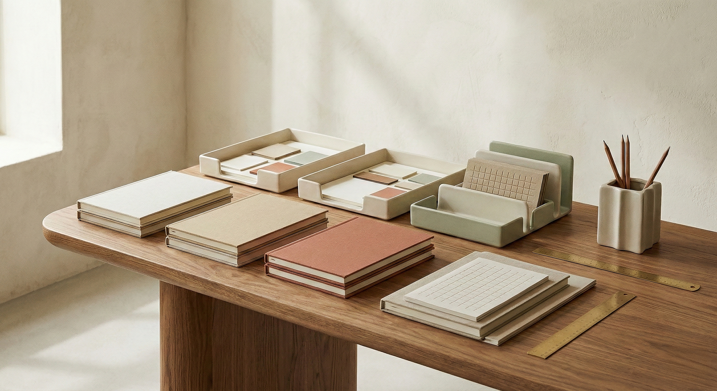 Organized workspace on wooden table with notebooks, trays of color samples, and stationery.