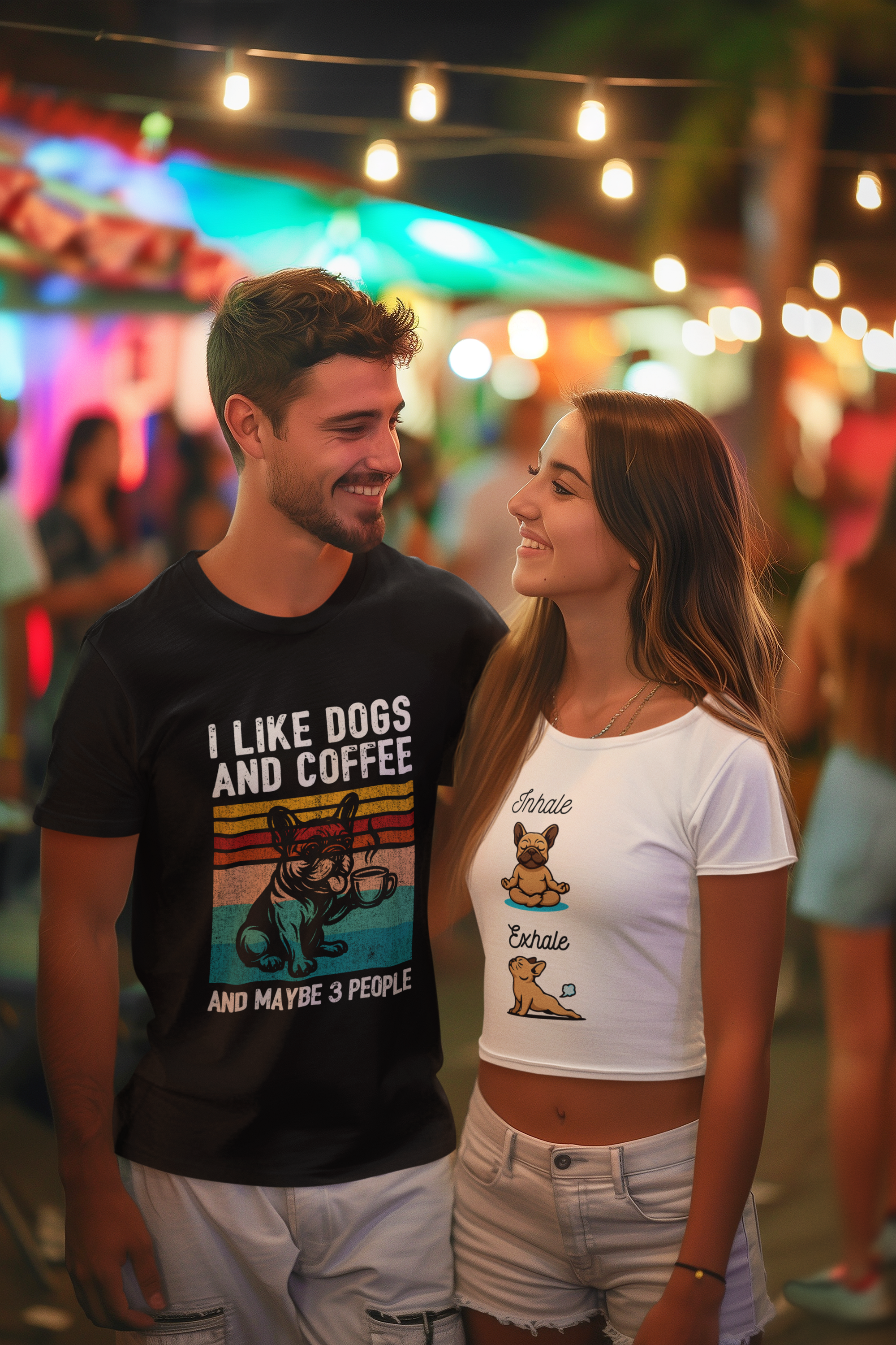 A young man and woman are standing close together at an outdoor event or fair at night, smiling at each other. The man is wearing a black t-shirt with a dog and coffee graphic with the text 'I LIKE DOGS AND COFFEE AND MAYBE 3 PEOPLE.' The woman is wearing a white crop top with a dog illustration and the words 'Inhale, Exhale,' and light-colored shorts, with string lights hanging above them and other blurred people and colorful lights in the background.