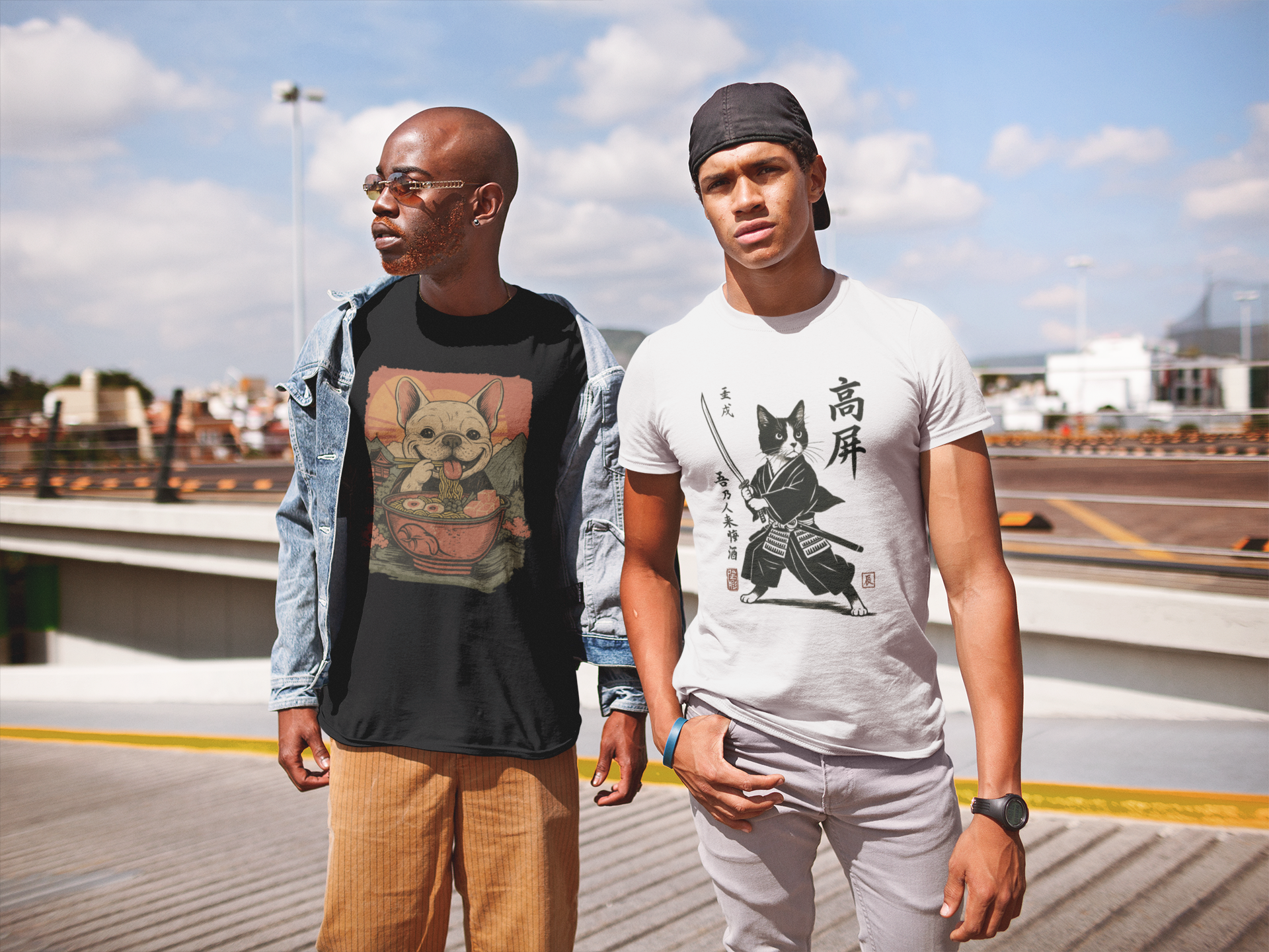 Two young men standing outdoors on a parking garage top, one wearing sunglasses and a T-shirt with a cartoon dog eating ramen, the other wearing a black backward cap and a T-shirt with a samurai cat design, against a partly cloudy blue sky.