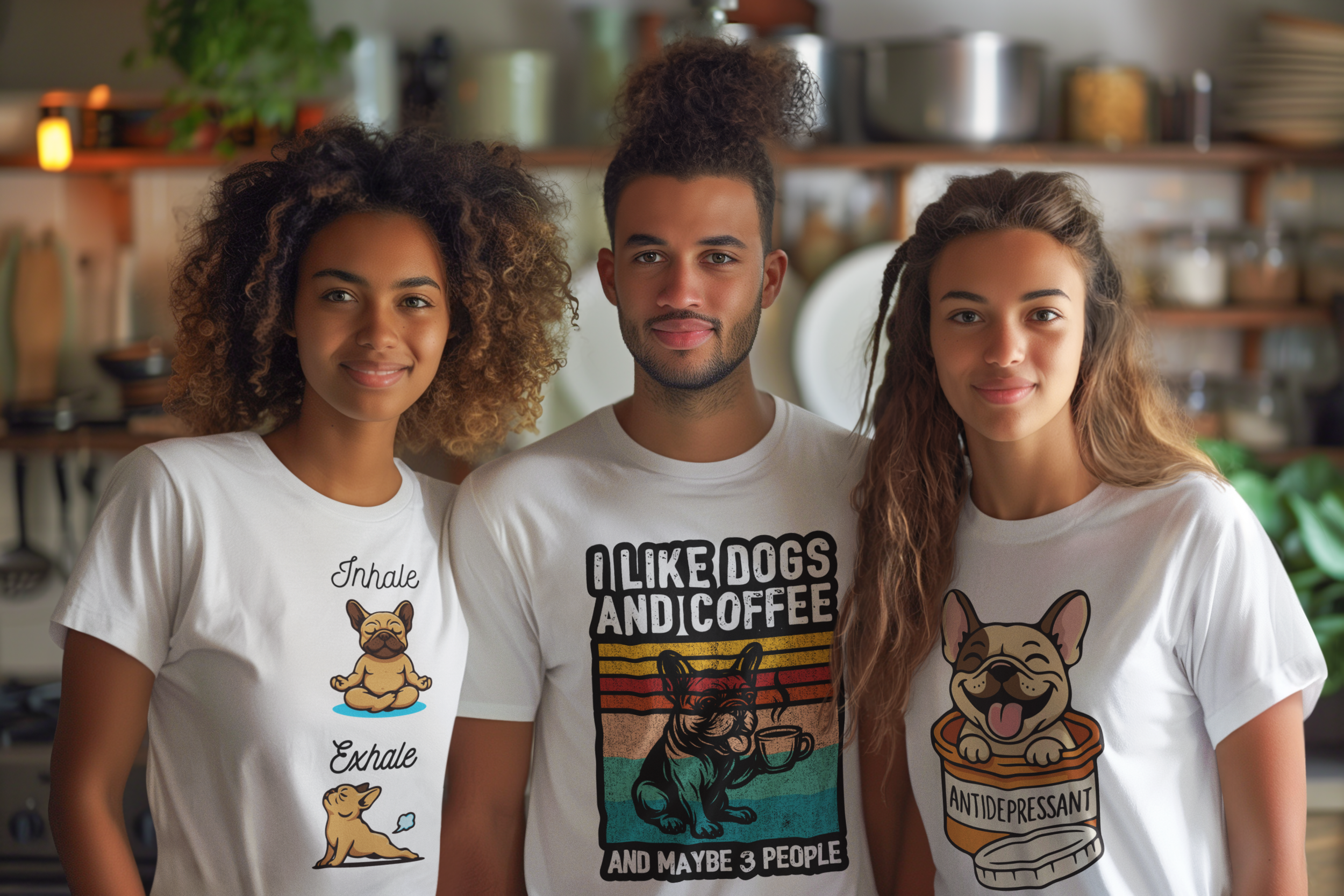 Three young adults standing in a kitchen, wearing humorous dog-themed T-shirts with cartoon illustrations of dogs and funny phrases.