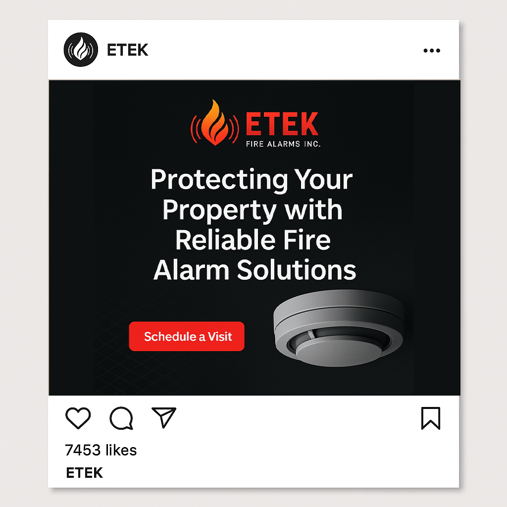 Facebook advertisement for ETEK Fire Alarms Inc. promoting reliable fire alarm solutions with a "Schedule a Visit" button and an image of a smoke detector.