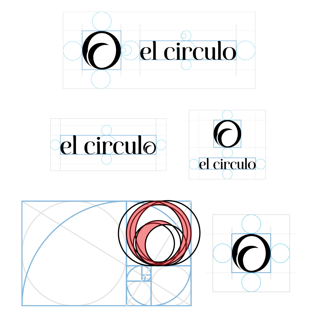 Graphic design sketches showing the logo and typography for "el circulo", featuring stylized letter "O" and geometric layout guides.