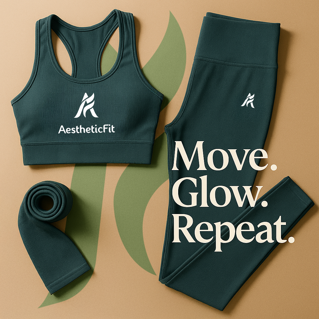 A teal athletic workout set consisting of a sports bra, pair of leggings, and a rolled-up yoga mat, with the text 'Move. Glow. Repeat.' displayed on the leggings, and the brand name 'AestheticFit' on the sports bra.