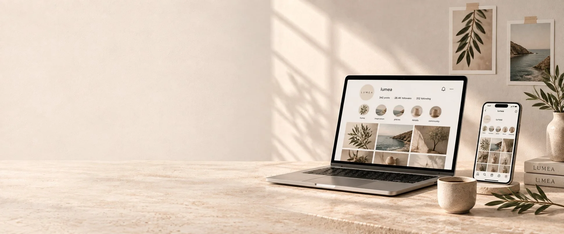 Laptop and phone showing a website on a warm studio desk