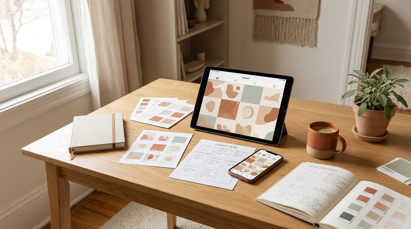 A wooden desk with design samples, a tablet displaying abstract art, a smartphone with matching artwork, printed pages, an open design book, a potted plant, and a coffee mug.