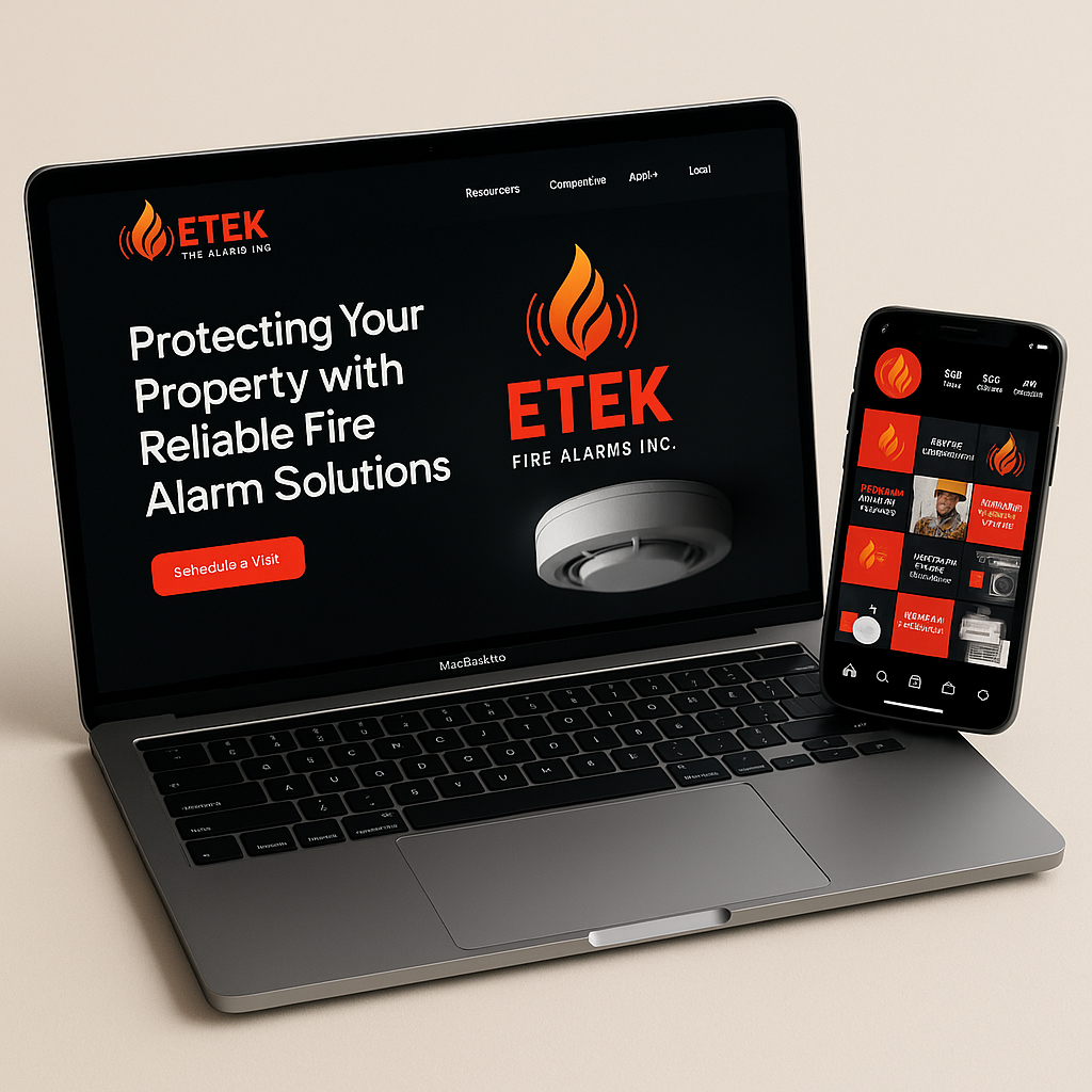 Laptop and smartphone displaying the ETek Fire Alarms Inc. website and app, promoting fire alarm solutions and remote controls with a red and black color scheme.