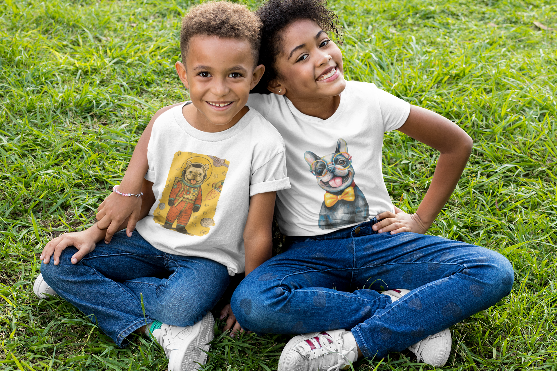 Two children sitting on grass, smiling at the camera, wearing white T-shirts with cartoon dog prints, blue jeans, and white sneakers.