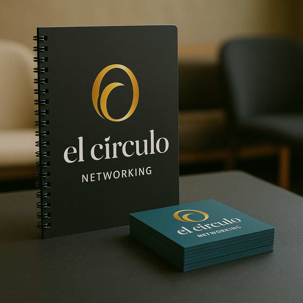 Black Spiral notebook and a stack of blue business cards displaying the logo and name 'el círculo Networking'.