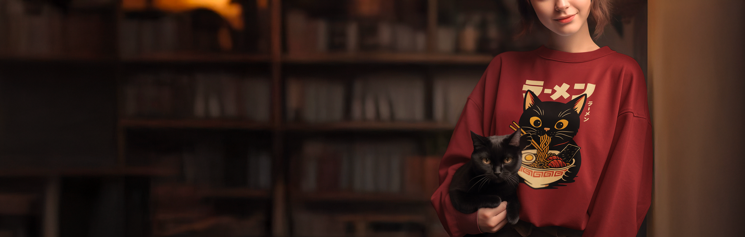 A woman holding a black cat stands in front of a dark wooden bookshelf. She is wearing a red sweatshirt with a graphic of a black cat eating ramen on it. The cat she holds is looking directly at the camera.