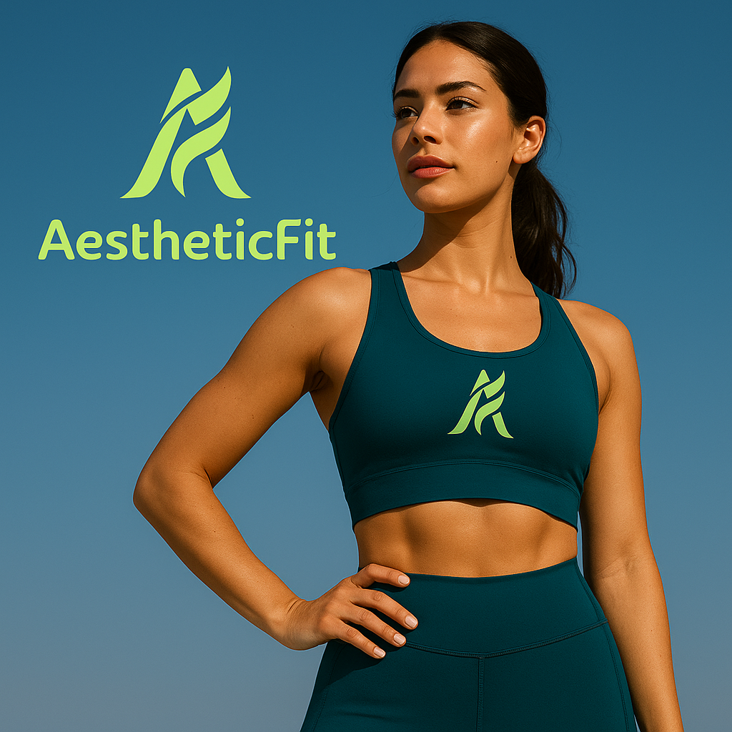 A woman in a teal athletic sports bra and high-waisted leggings with a logo, standing outdoors against a blue sky, with the text "AestheticFit" and logo in the upper left corner.