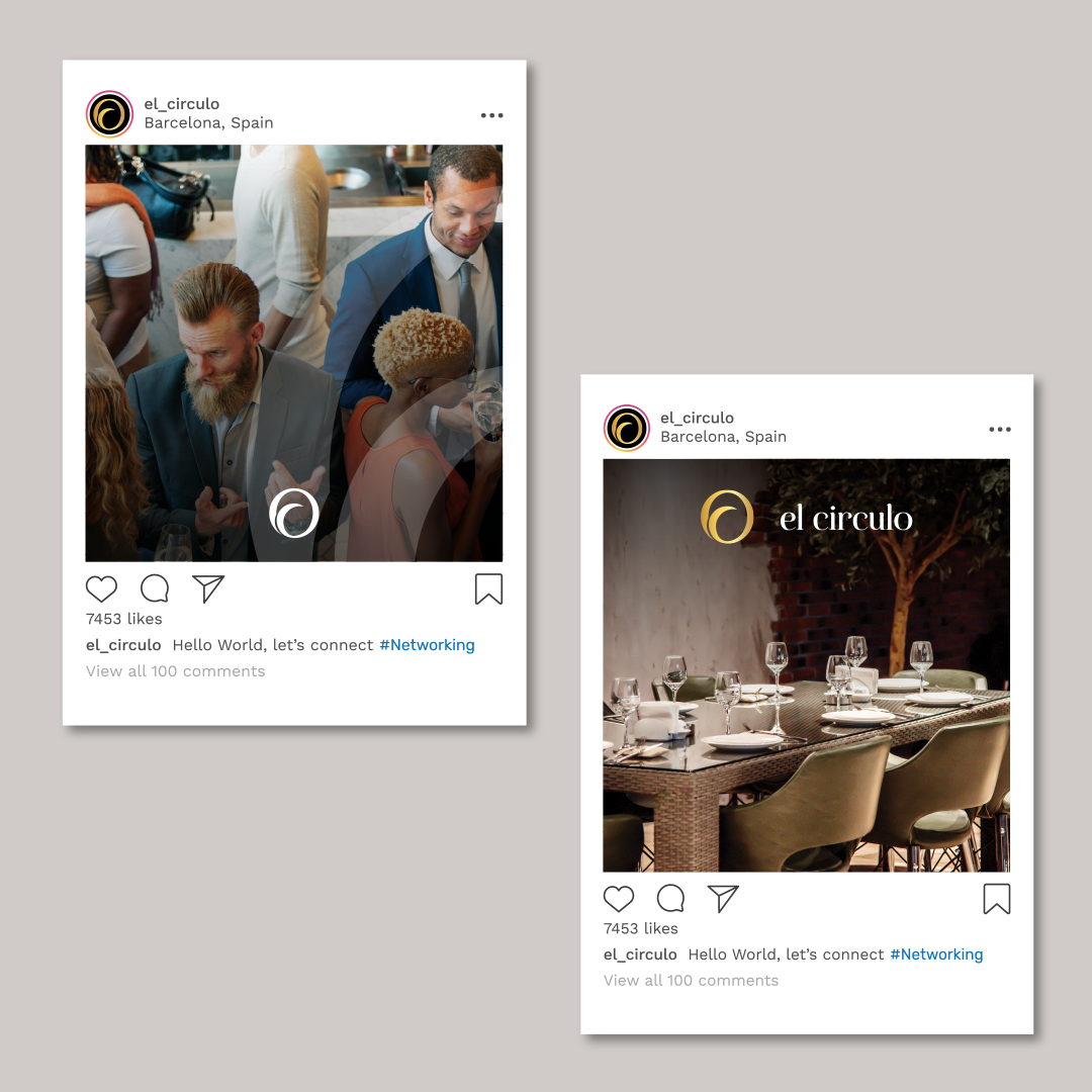 Two Instagram posts featuring the restaurant el circulo in Barcelona, Spain. The first shows people socializing at a crowded bar, and the second displays a neatly set dining table with glasses and plates.