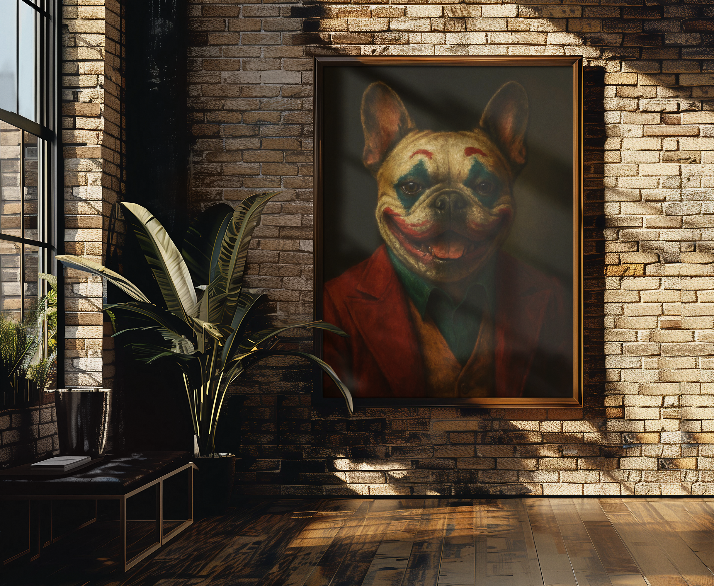 Interior of a room with a large framed painting of a bulldog with clown makeup dressed in a red jacket on a brick wall. A potted plant is nearby, and sunlight creates shadows on the wall and floor.