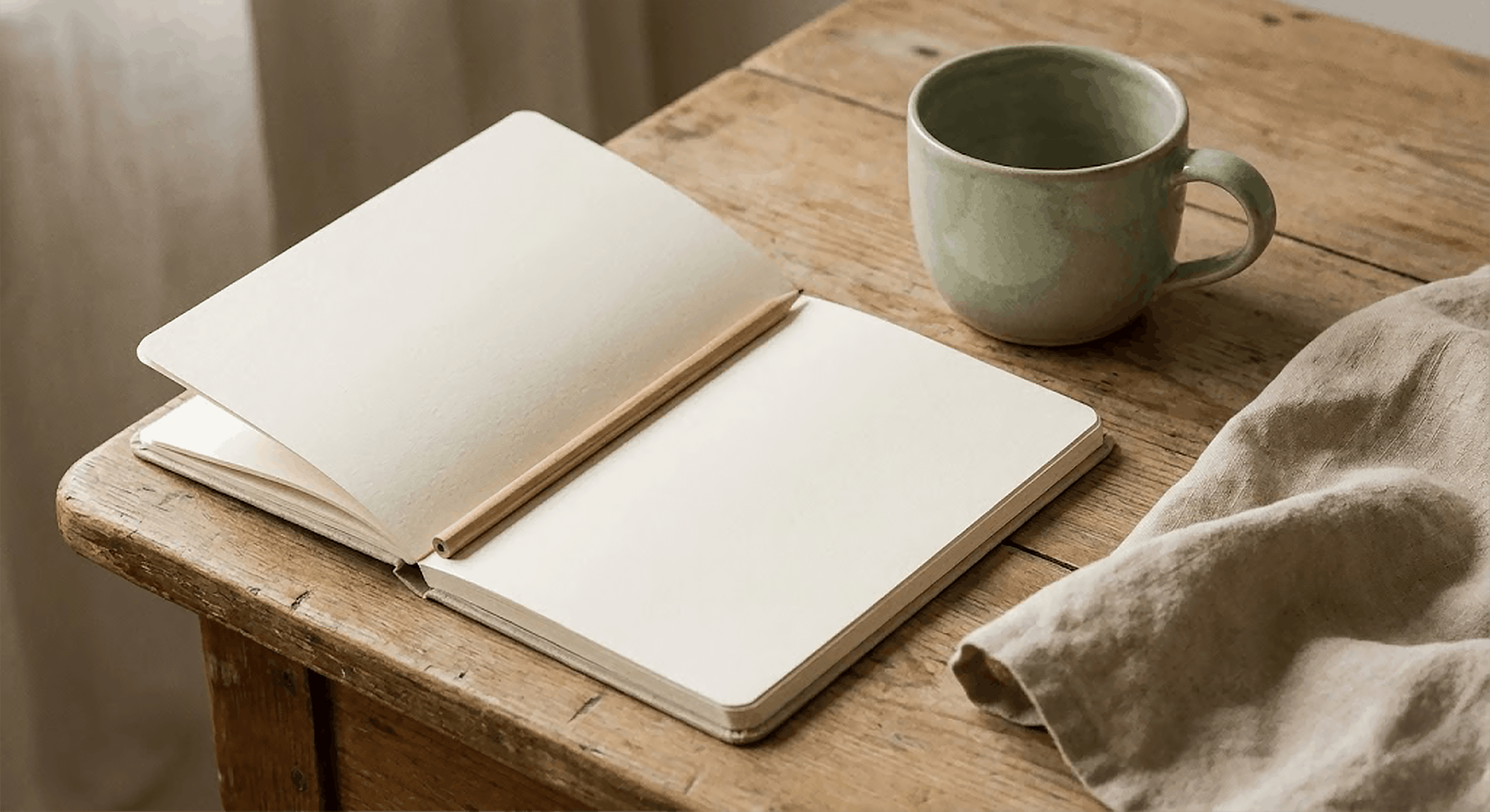 Open blank notebook and a pencil on a rustic wooden table with a green ceramic mug and a light-colored cloth nearby.