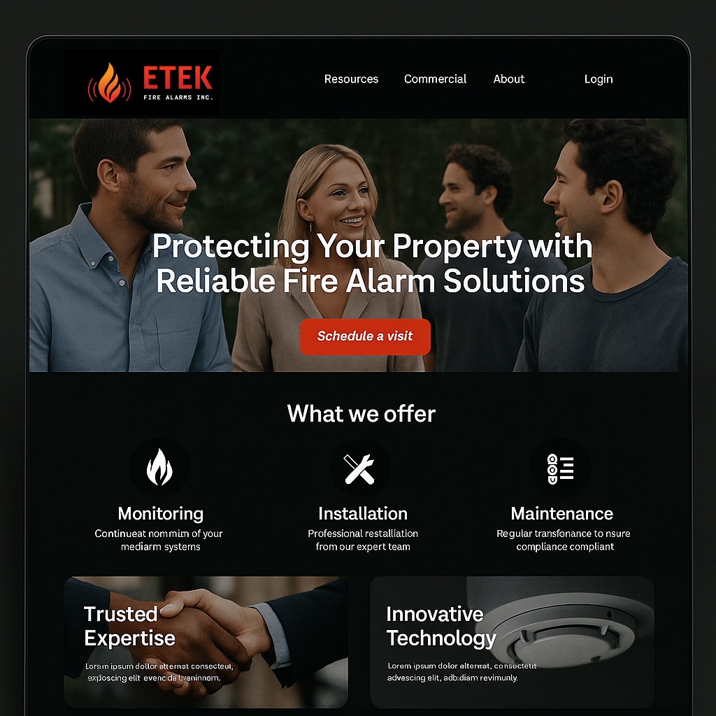 Homepage of ETEK Fire Alarms Inc. website showing a group of four people smiling, with a call-to-action button labeled 'Schedule a visit', and sections describing services like monitoring, installation, maintenance, trusted expertise, and innovative technology.