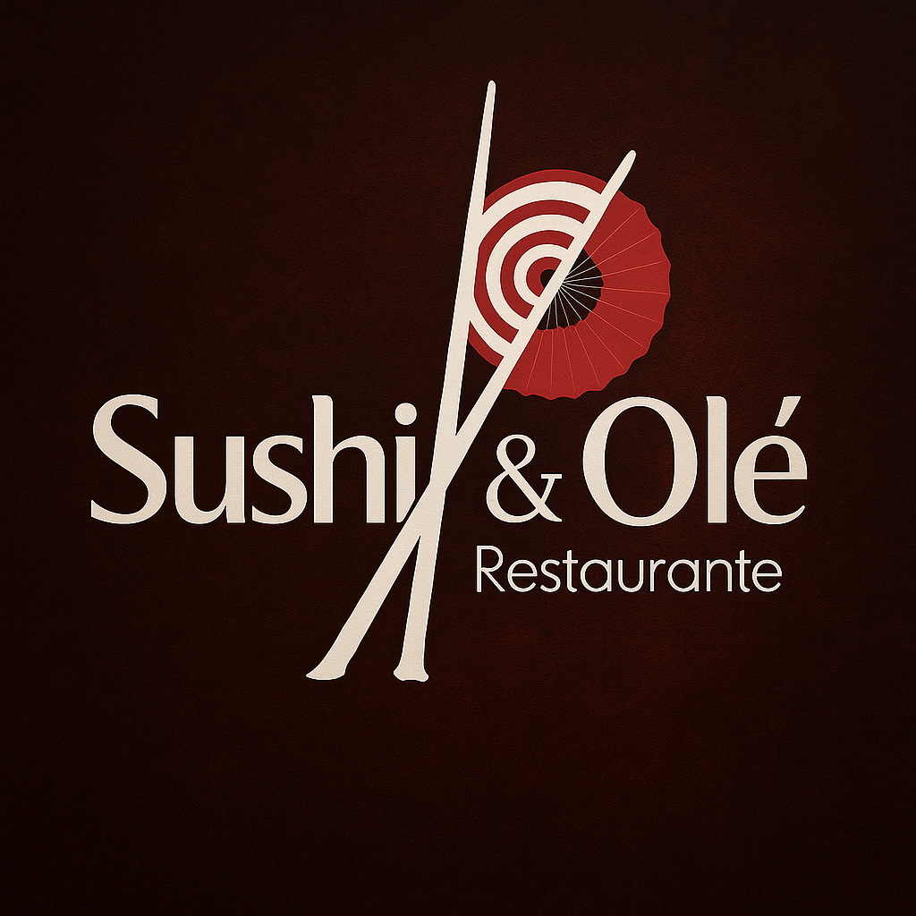 Restaurant logo for Sushi & Olé featuring stylized chopsticks, a red umbrella, and the restaurant name in white text on a dark background.