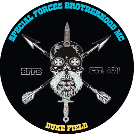 Logo for Special Forces Brotherhood MC with a skull, bearded face, crossed arrows, and text 'Duke Field' and 'EST. 2011'.