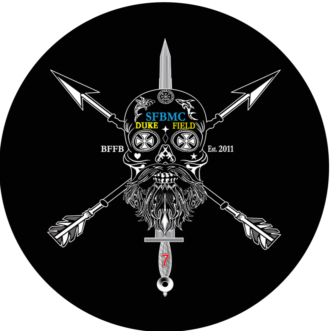 Logo for Special Forces Brotherhood MC with a skull, bearded face, crossed arrows, and text 'Duke Field' and 'EST. 2011'.