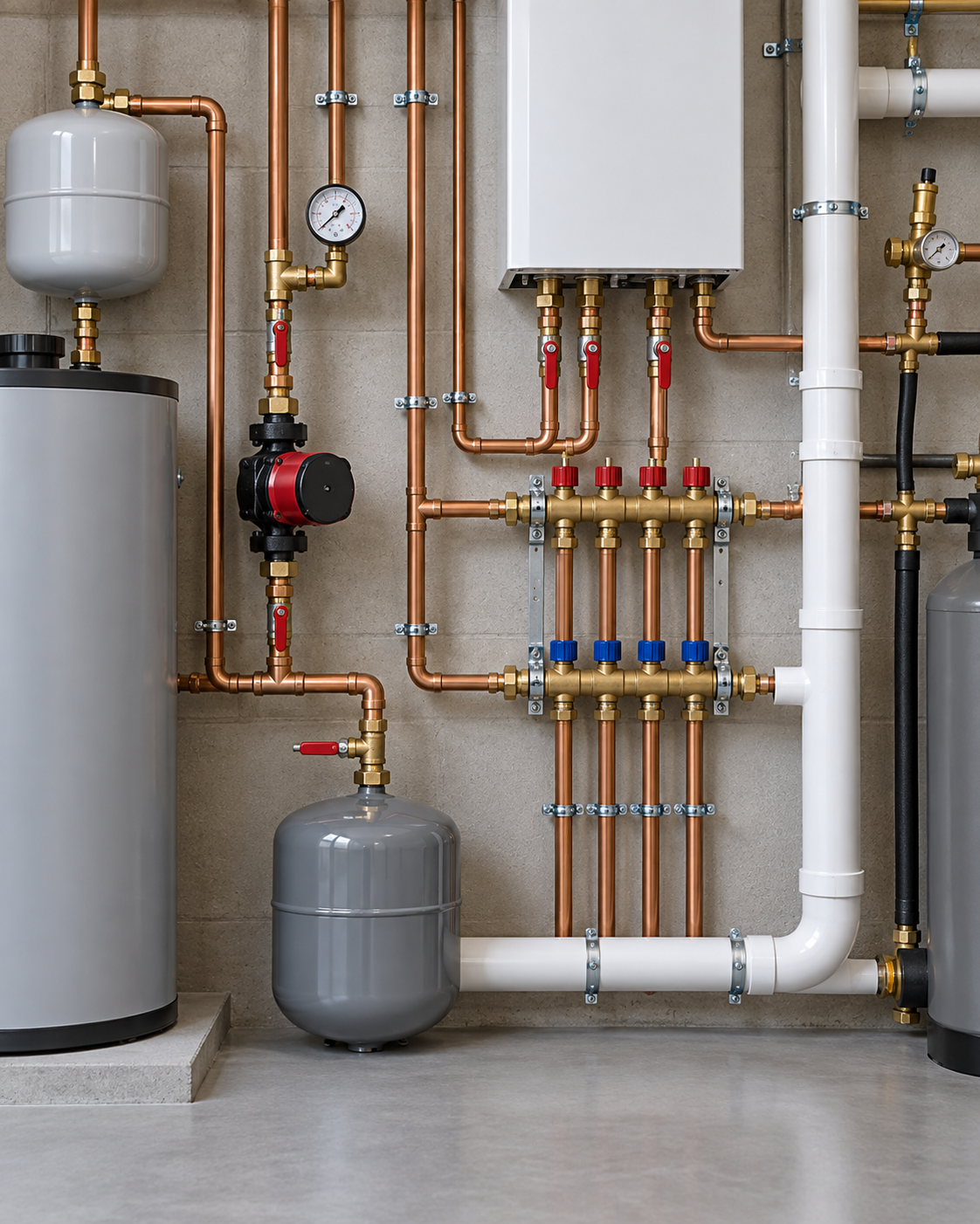 Interior view of a plumbing and heating system with copper pipes, gauges, valves, and a white box, mounted on a beige wall.