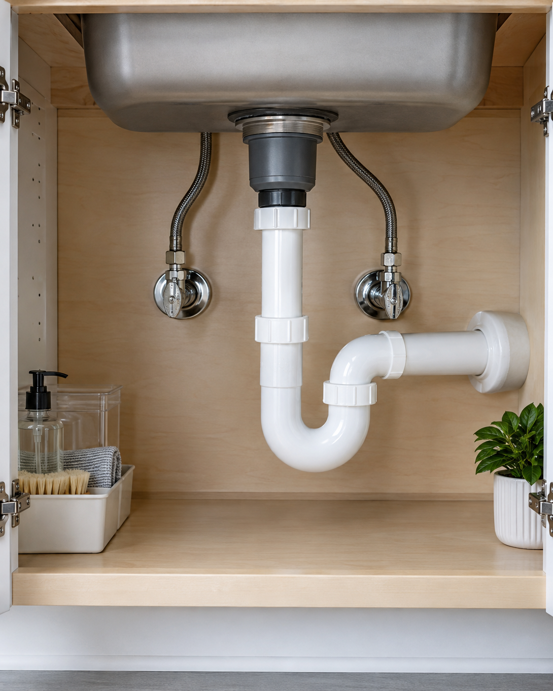 Underneath a kitchen sink with plumbing, a soap dispenser, cleaning supplies, and a potted plant inside a cabinet.