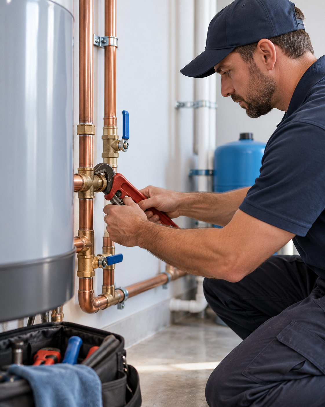 A plumber wearing a navy cap and navy uniform repairing copper pipes with a wrench.