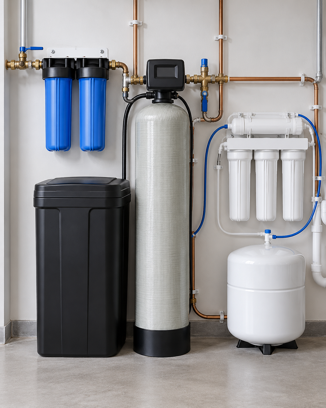 A water filtration system with blue filter cartridges, a control unit, a large black water softener tank, and a white reverse osmosis filter, all connected with copper and plastic pipes.