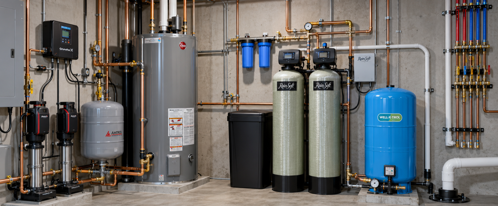 A utility room with water softening and filtration equipment including a large grey water heater, several tanks, electronic control panels, and a network of copper and white pipes on the wall and floor.
