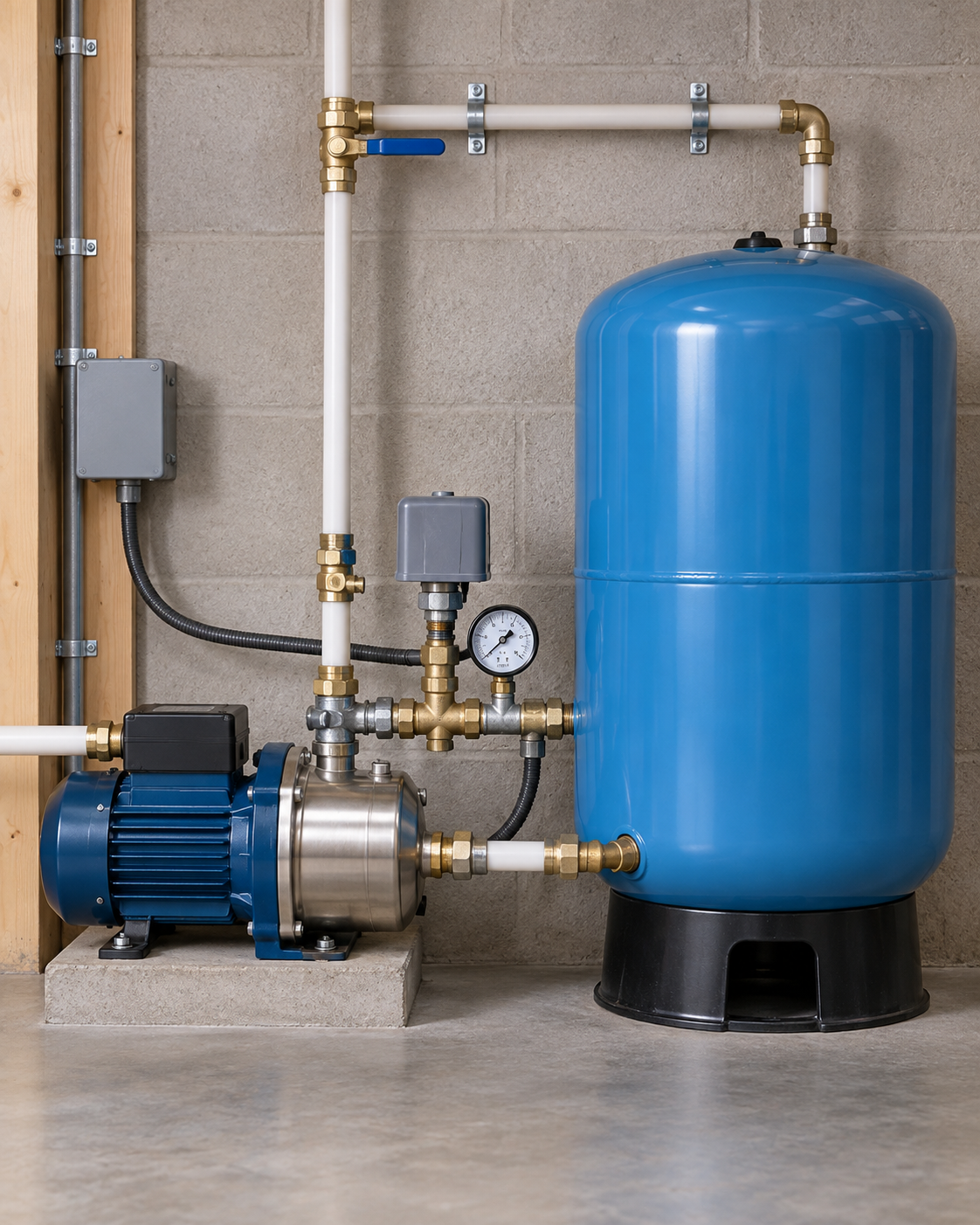 An indoor water pump system with a large blue tank, pump, pressure gauge, and piping mounted on a concrete floor against a concrete wall.