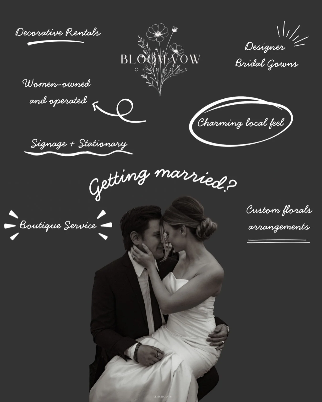Getting married? 💍

Your wedding should feel as special as the moment you said yes.
At Bloom + Vow we bring it all together &mdash; designer bridal gowns, custom florals, rentals, signage, and stationery &mdash; with a boutique experience that feels