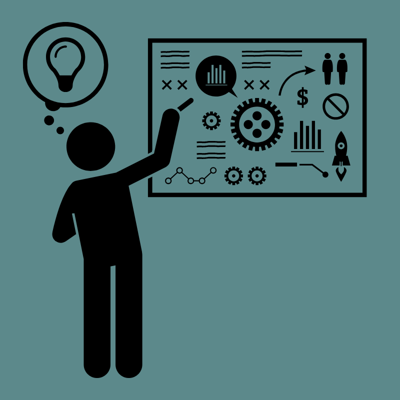 A person with a thought bubble showing a light bulb while pointing at a diagram with charts, gears, and icons related to data analysis and innovation.