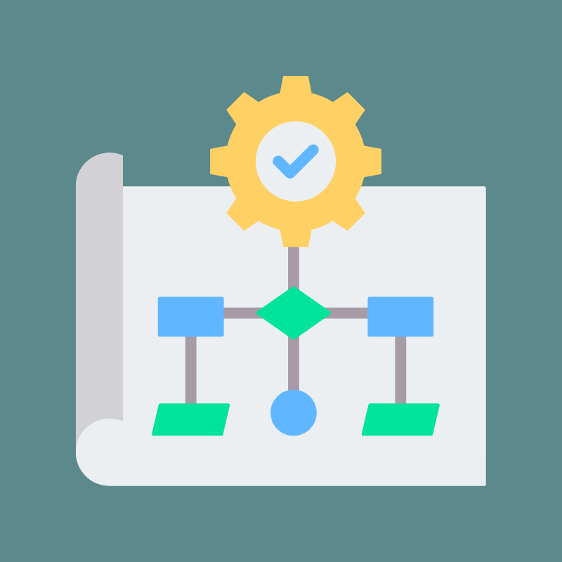 Flowchart diagram on a document with a gear icon topped with a checkmark, representing a verified process or workflow.