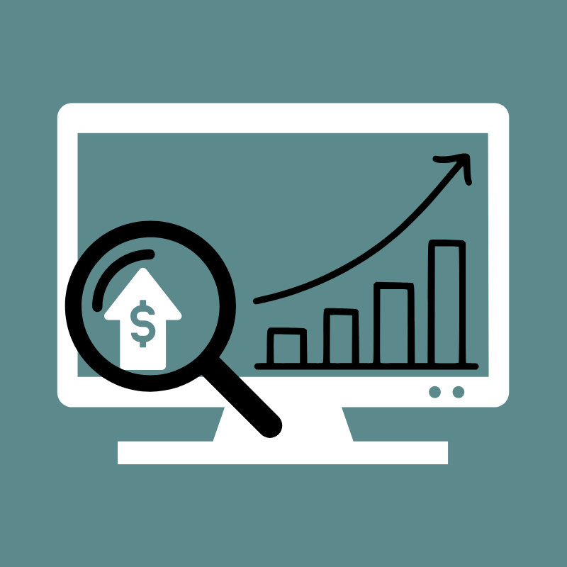 Computer screen displaying a bar graph with an upward trend, a magnifying glass with a dollar sign and an upward arrow inside it.