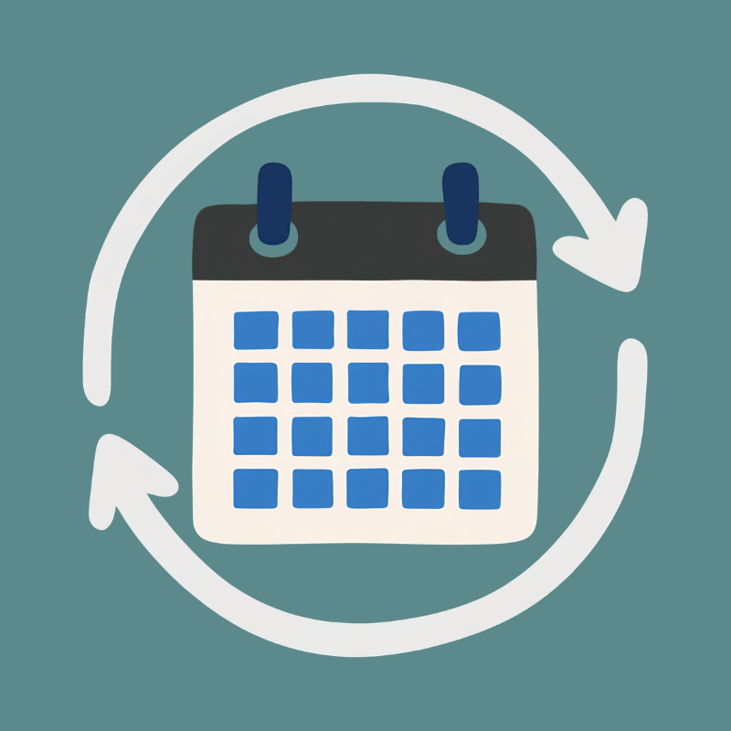 Illustration of a calendar with two binding rings at the top, surrounded by two curved arrows forming a circle, representing scheduling or recurring events.