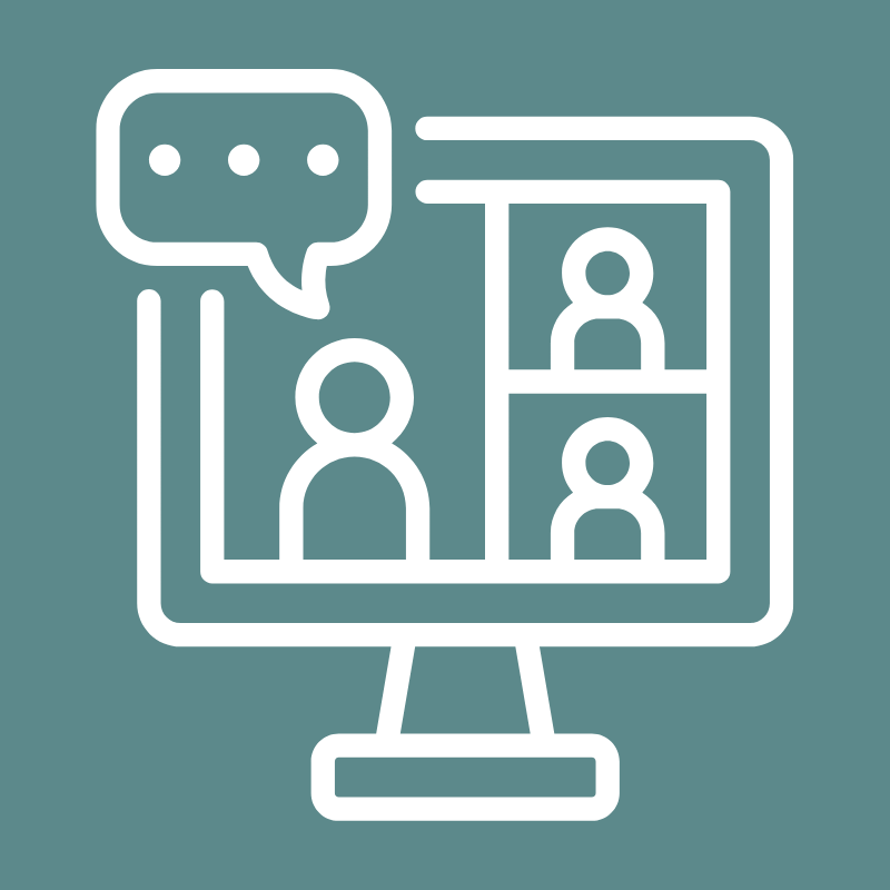 Icon of a computer monitor displaying a video conference with three participants and a speech bubble.