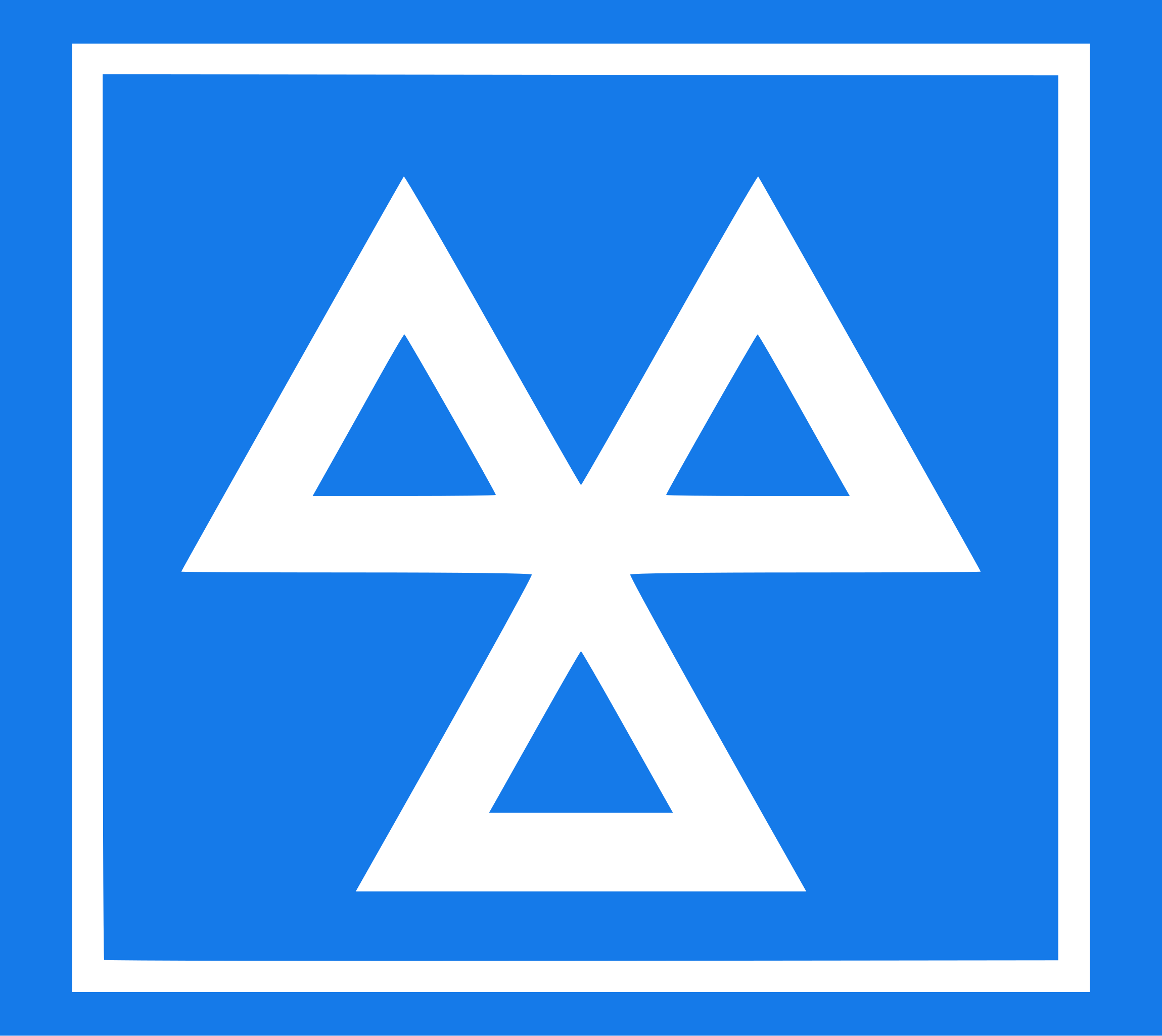 Blue safety sign with white symbols indicating high voltage, featuring triangles and a star-shaped lightning bolt in the center.