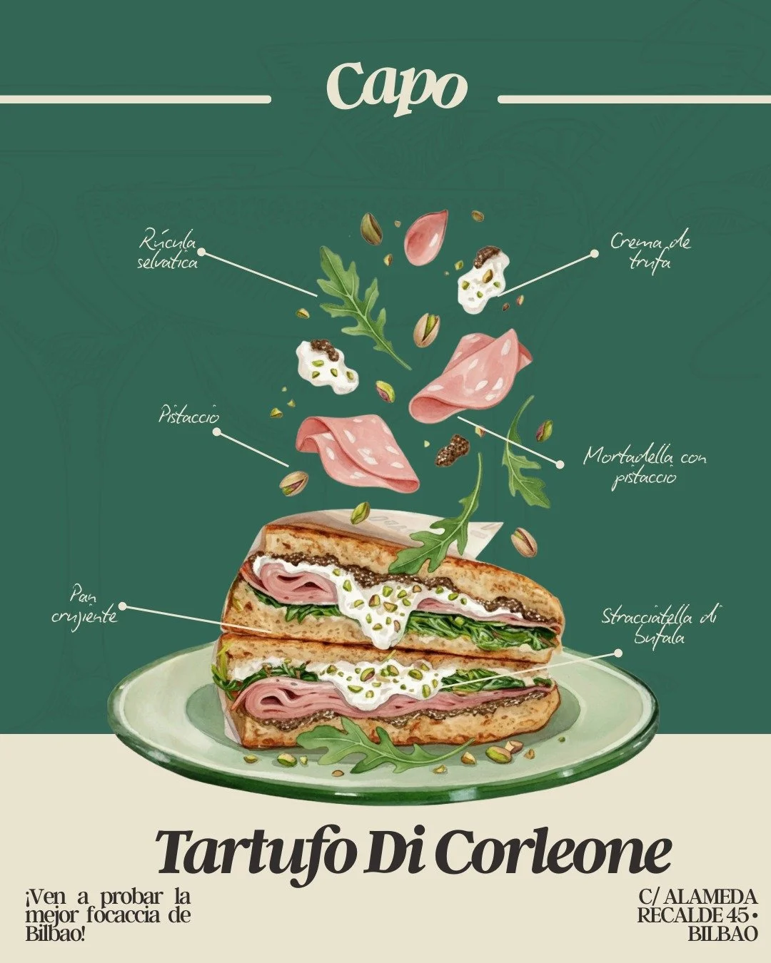 Mortadela, stracciatella di b&uacute;fala, pistacho, crema de trufa y r&uacute;cula.
Todo eso es Tartufo di Corleone. 
Una focaccia intensa, cremosa y llena de sabor que hay que probar al menos una vez.
Ven a Capo y desc&uacute;brela reci&eacute;n he