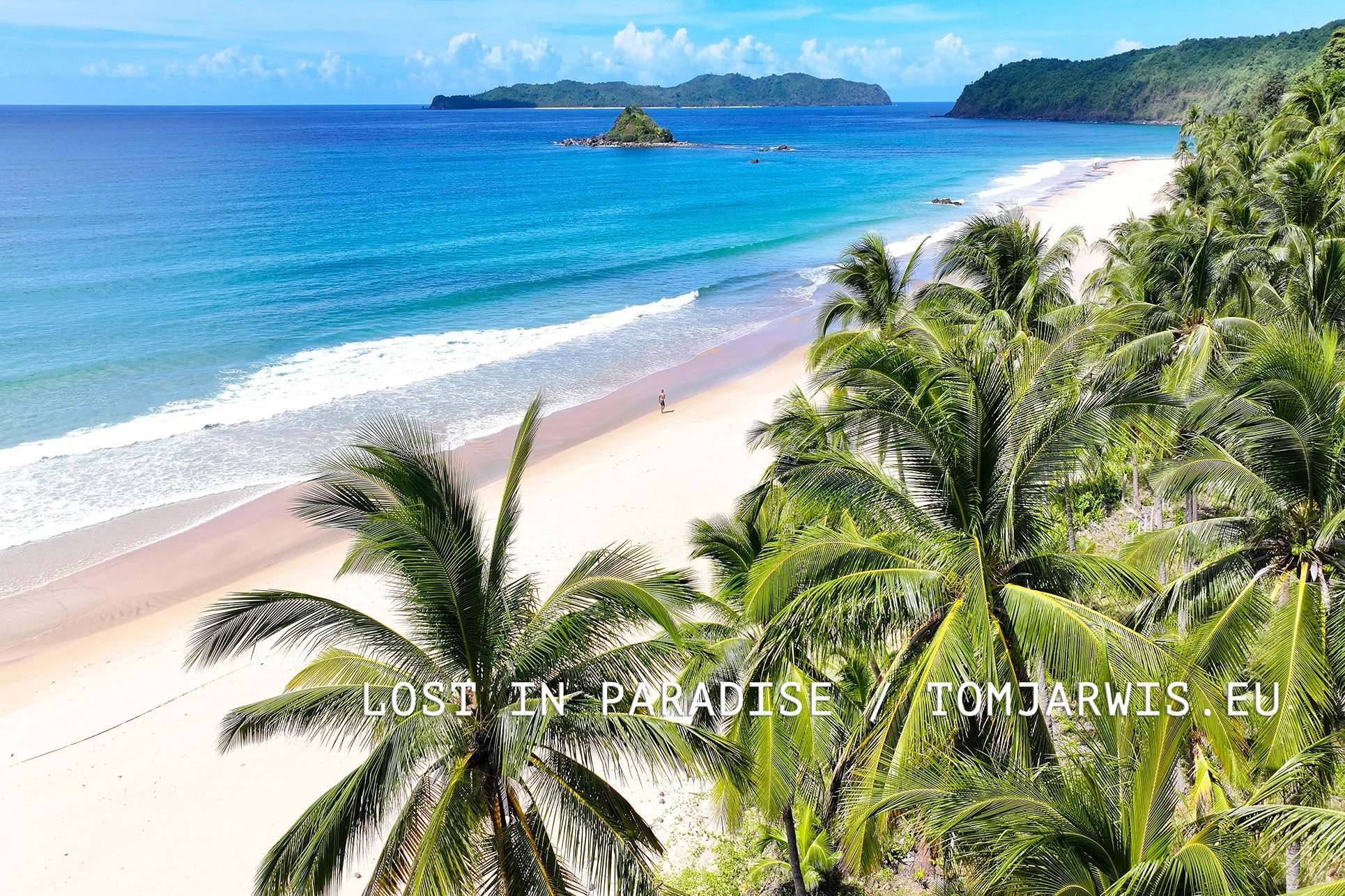 Lost in Paradise – A lone traveler walking along Nacpan Beach, surrounded by golden sands, turquoise waters, and palm trees under a tropical sky – limited edition canvas print