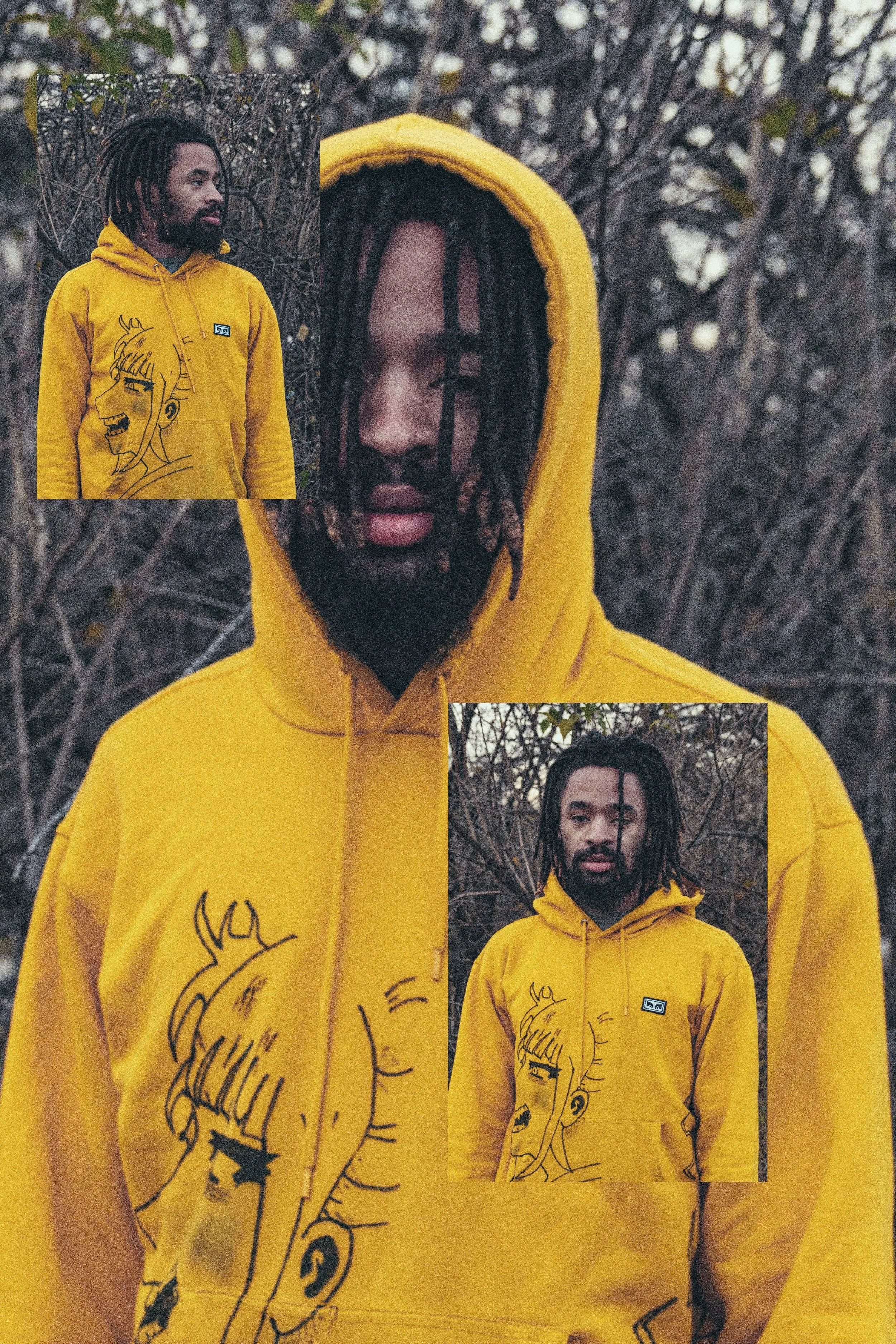 A man wearing a yellow hoodie with a cartoon face design, standing outdoors with a background of leafless trees. The image has two overlays of smaller images, showing close-ups of the man’s face and upper body.