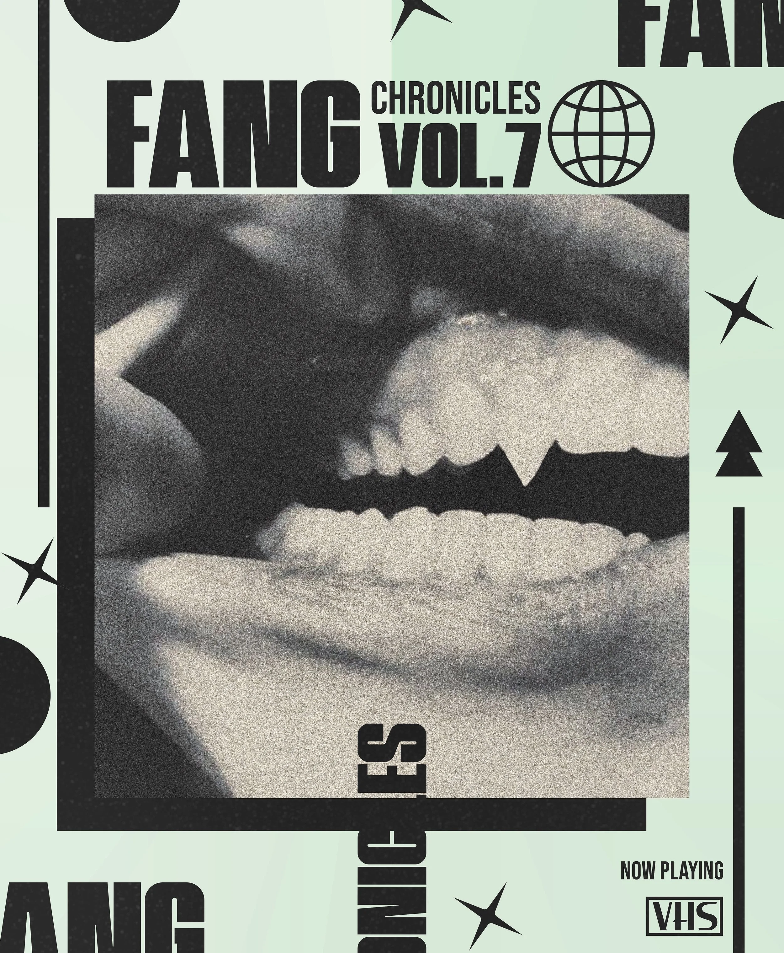 Close-up of a person's lips with tongue touching upper teeth, in black and white with graphic design elements around.