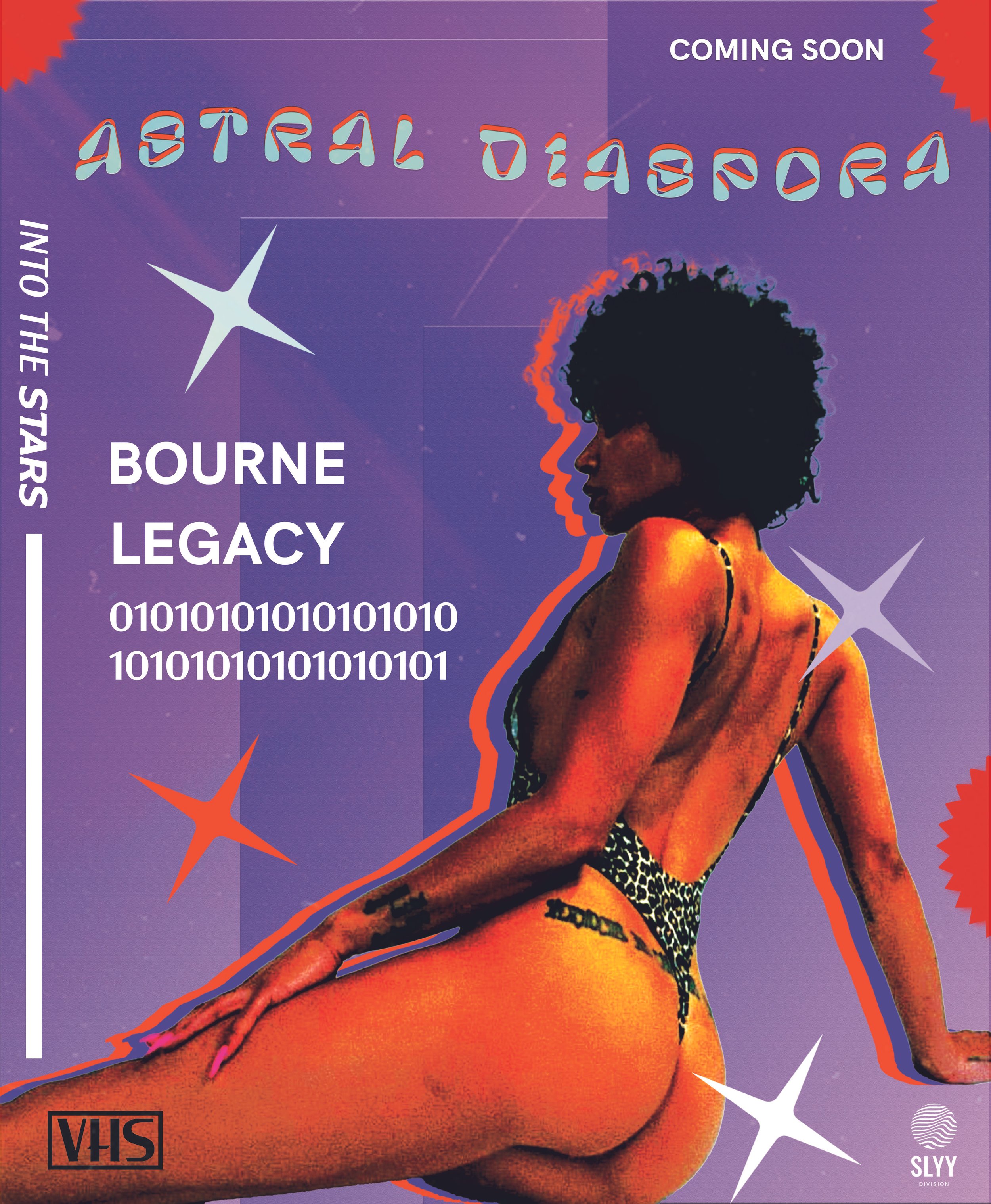 A promotional poster for the upcoming album 'Astral Diaspora' by Bourne Legacy. The poster features a stylized image of a woman with dark curly hair wearing leopard print lingerie, set against a purple background with star shapes and binary code. The