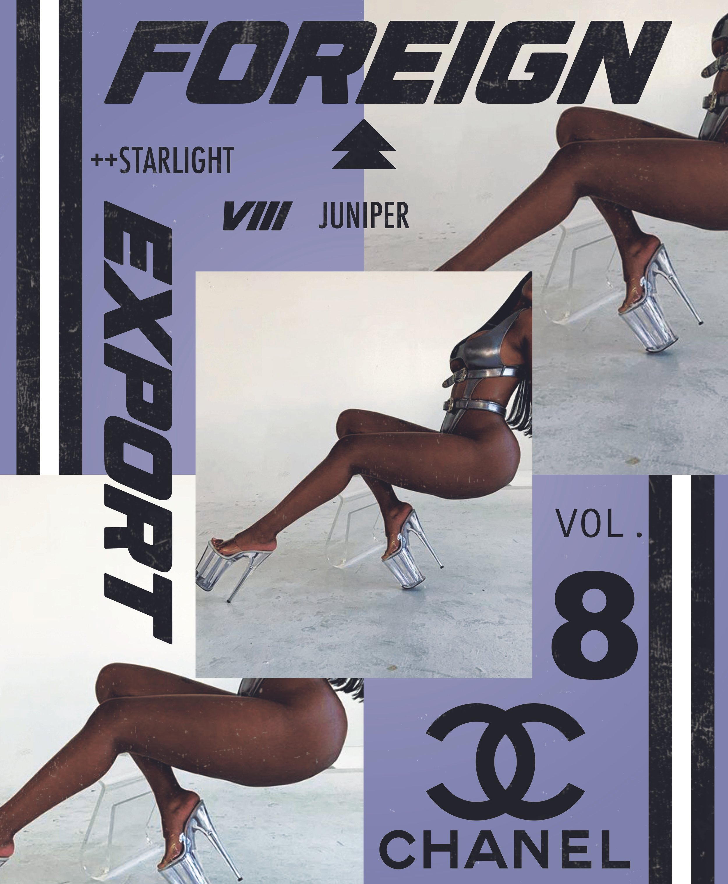 A collage featuring a woman with dark skin sitting on a clear chair, wearing clear high-heeled shoes, in front of a textured, gray surface. Overlaid on the collage are various graphic design elements, including text reading 'Foreign Exposure,' 'Vol. 