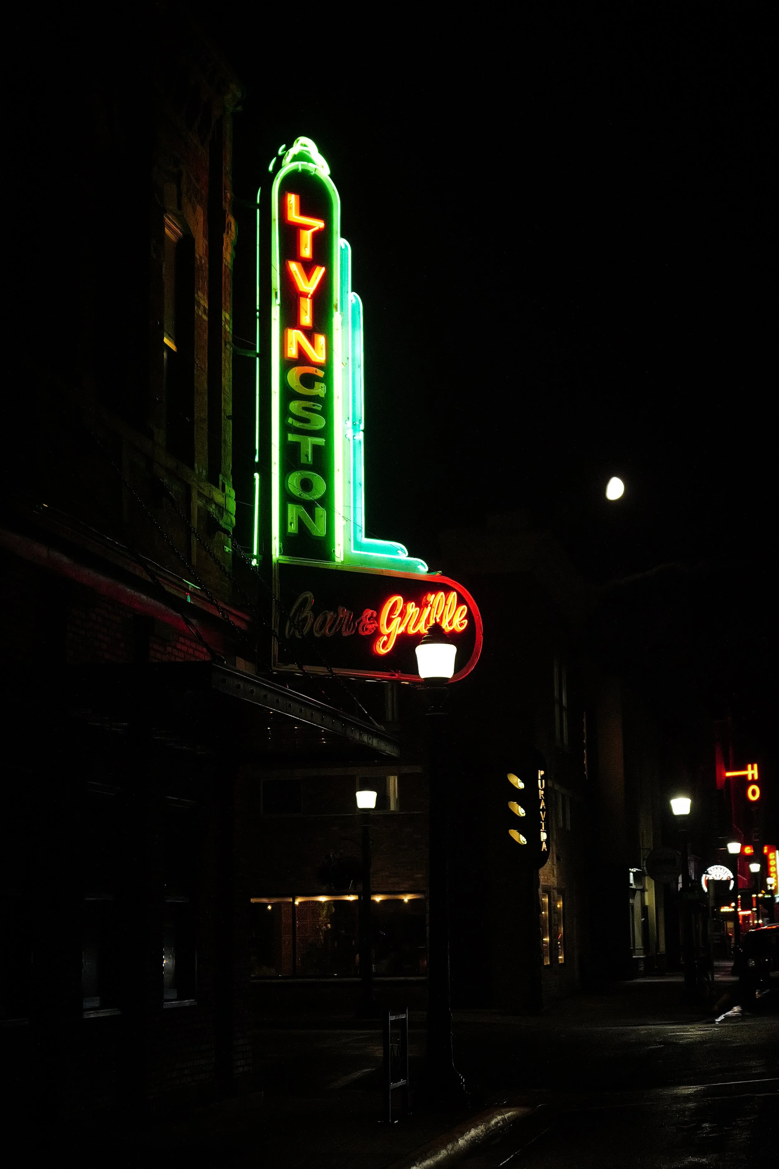 Nighttime street scene with neon signs including one for a Taco Lytungs with a vertical green and red sign and a red and yellow sign for a bar and grille, illuminated street lamps, and a visible moon in the dark sky.