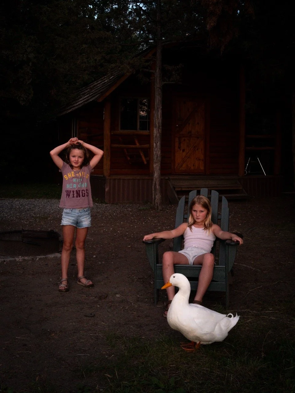 Two young girls outdoors at dusk, one sitting in a green Adirondack chair and the other standing nearby, with a white duck in front of them, a wooden cabin in the background, and trees surrounding the area.