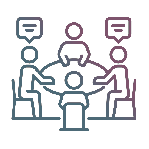 Four people sitting around a round table, engaging in discussion with speech bubbles above two participants.