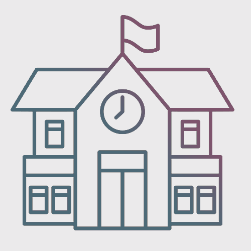 Icon of a school building with a clock and a flag on top