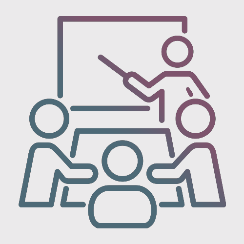 Line drawing of four people attending a meeting with one person presenting at a whiteboard.
