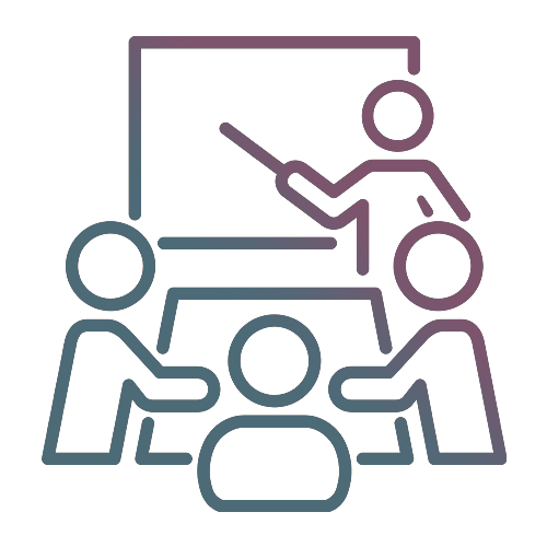 Icon of a classroom with a teacher pointing at a blackboard and three students sitting at desks.