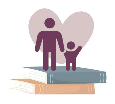 Logo illustration of an adult and a child holding hands, standing on top of two stacked books with a heart in the background.